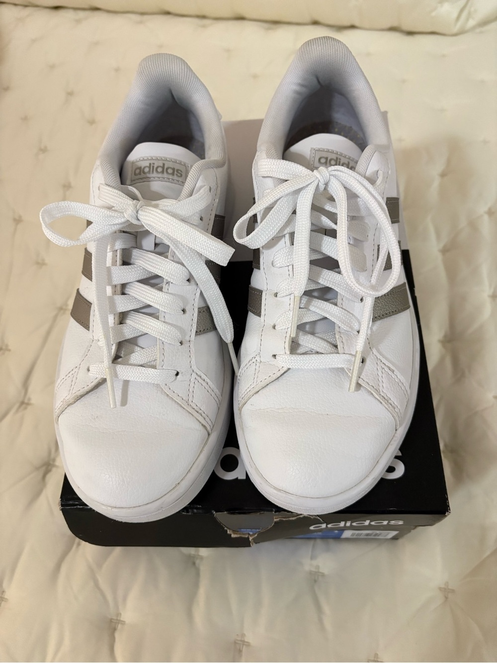 adidas White Sneakers with Gray Stripes